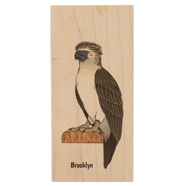 Philippine eagle bird cartoon illustration wood flash drive (Front Vertical)