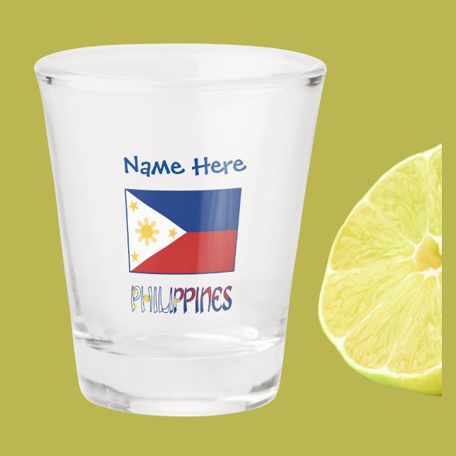 Philippines and Filipino Flag Red Personalization  Shot Glass (Personalized shot glass with Filipino Flag and word PHILIPPINES below in flag colors. Above add name)