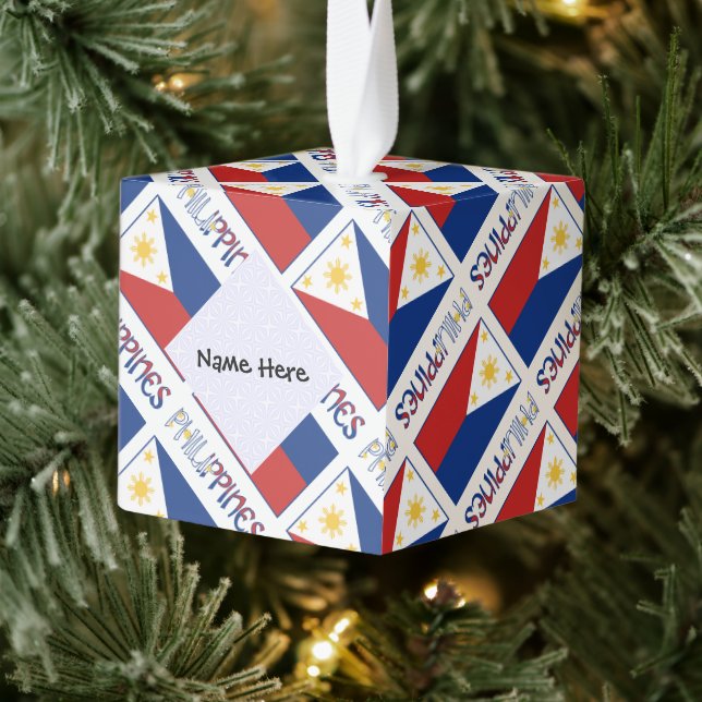 Philippines and Filipino Flag Tiled Personalized  Cube Ornament (Tree)