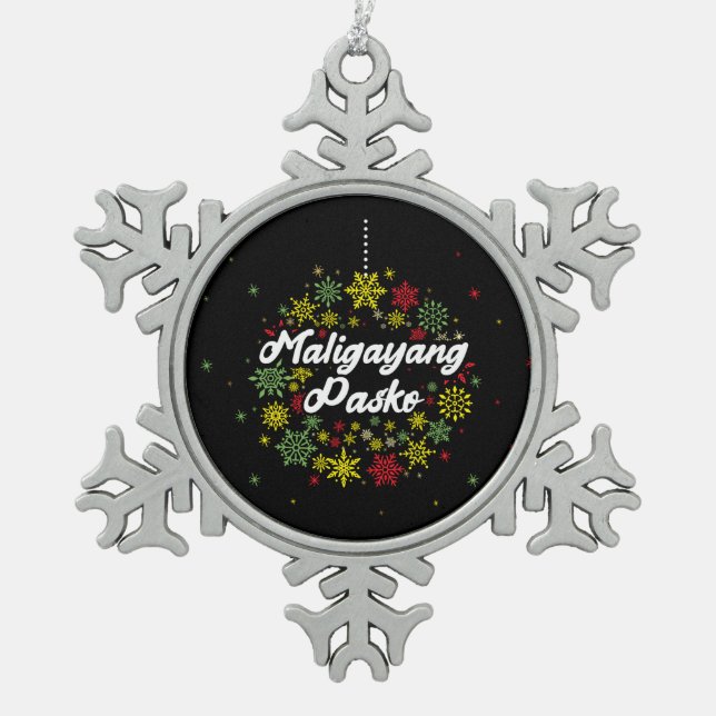 Philippines Christmas Maligayang Pasko Snowflakes Snowflake Pewter Christmas Ornament (Front)