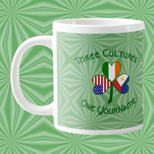 Philippines Ireland USA Shamrock Flag Personalized Giant Coffee Mug (Giant mug featuring a Philippines‑Ireland‑USA shamrock on green squiggly squares.)