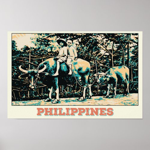 Philippines kids playing with water buffalos poster