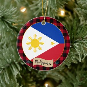 Philippines, Red buffalo plaid & Philippine Flag Ceramic Ornament