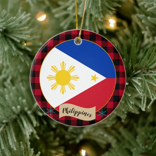 Philippines, Red buffalo plaid & Philippine Flag Ceramic Ornament (Tree)