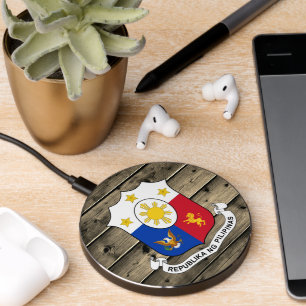 Philippines Rustic Wood Coat of Arms, flag Wireless Charger