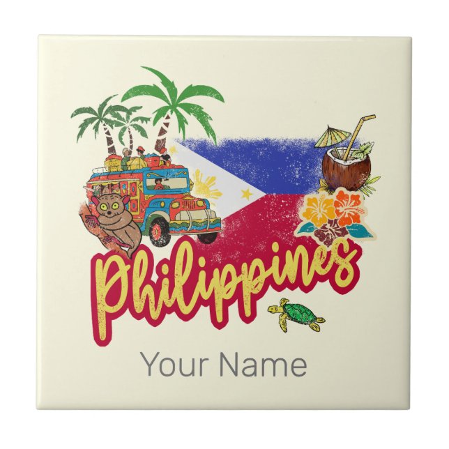 Philippines Vintage Tarsier Flag Palm Souvenir Ceramic Tile (Front)