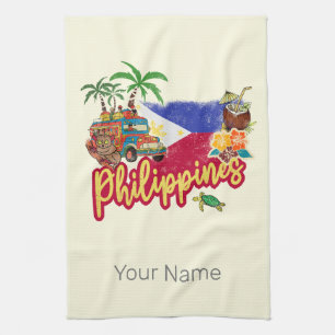 Philippines Vintage Tarsier Flag Palm Souvenir Kitchen Towel