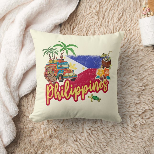 Philippines Vintage Tarsier Flag Palm Souvenir Throw Pillow (Blanket)