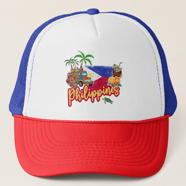 Philippines Vintage Tarsier Flag Palm Souvenir Trucker Hat (Front)