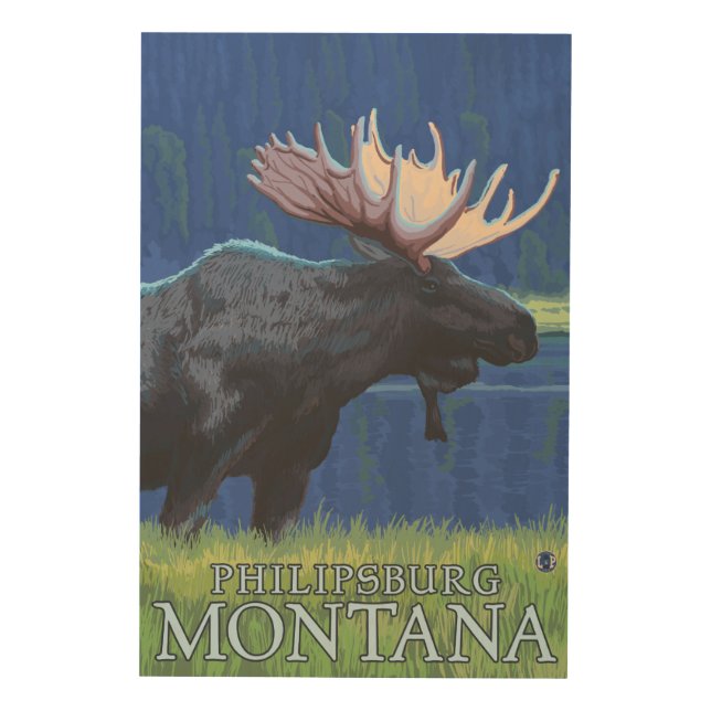 Philipsburg, MontanaMoonlight Moose Wood Wall Art (Front)