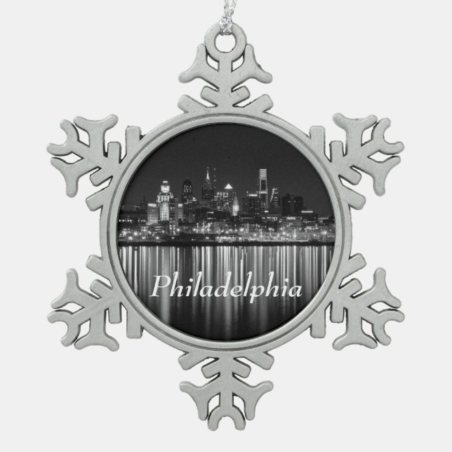 Philly  night b/w snowflake pewter christmas ornament (Front)