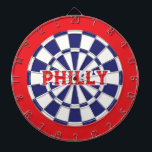 PHILLY Philadelphia White, Navy Blue And Red  Dart Board<br><div class="desc">PHILLY Philadelphia White, Navy Blue And Red Colored Dart Board Game Including 6 Brass Darts. You may edit text by selecting the personalization option 🎯Please let me know if you have additional questions and because Zazzle's customer support handles the customer experience you may reach Zazzle customer support by chat, phone...</div>