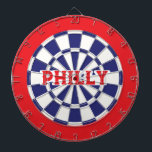 PHILLY Philadelphia White, Navy Blue And Red  Dart Board<br><div class="desc">PHILLY Philadelphia White, Navy Blue And Red Colored Dart Board Game Including 6 Brass Darts. You may edit text by selecting the personalization option 🎯Please let me know if you have additional questions and because Zazzle's customer support handles the customer experience you may reach Zazzle customer support by chat, phone...</div>