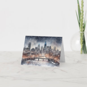 Philly Skyline Snowing Christmas Card 