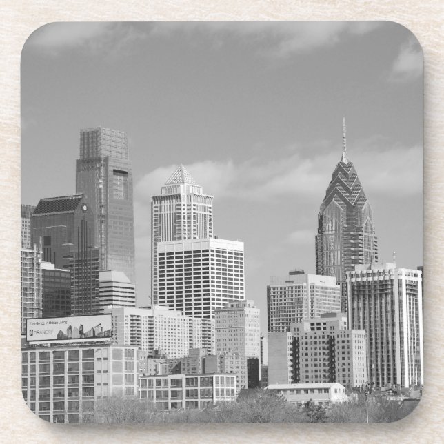 Philly skyscrapers black and white beverage coaster (Front)