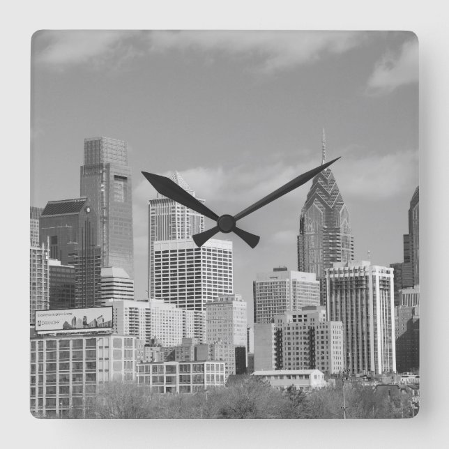 Philly skyscrapers black and white square wall clock (Front)