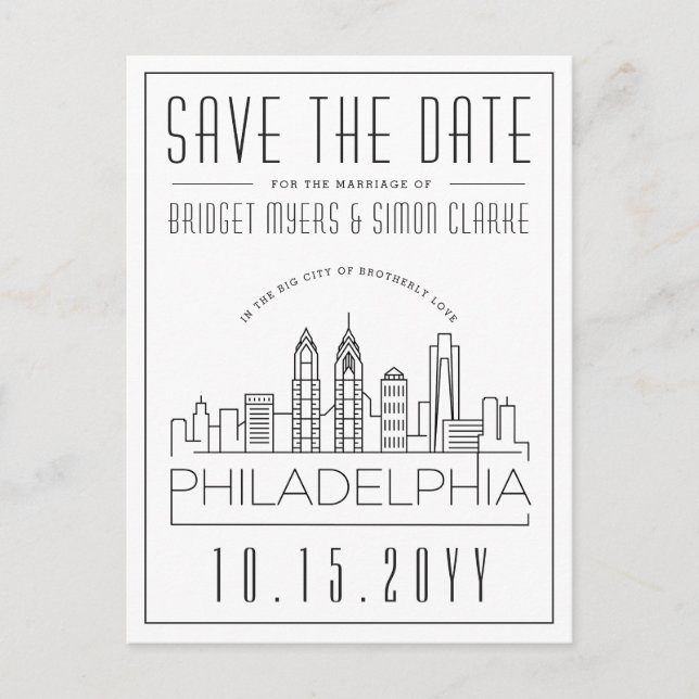 Philly Wedding | Stylized Skyline Save the Date Postcard (Front)