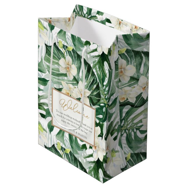 Philodendron Tropical Leaves Wedding Welcome Medium Gift Bag (Front Angled)