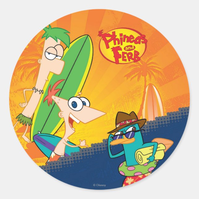 Phineas, Ferb and Agent P Surf Classic Round Sticker (Front)