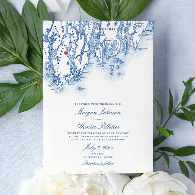 Phippsburg Maine Elegant Navy Map Wedding Invitation | Zazzle