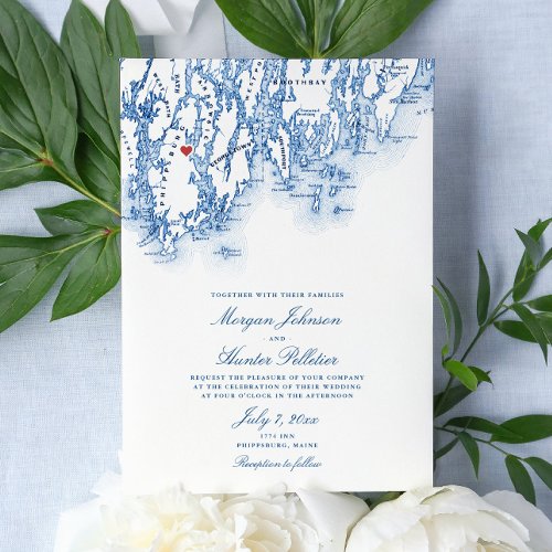 Phippsburg Maine Elegant Navy Map Wedding Invitation