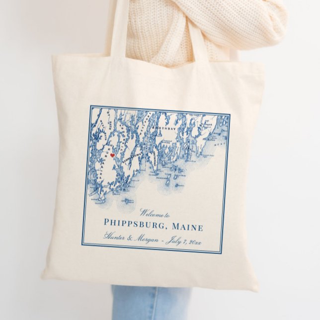 Phippsburg Maine Map Elegant Wedding Welcome Tote Bag (These Phippsburg Maine Map wedding welcome tote bags are perfect for your 1774 Inn wedding)