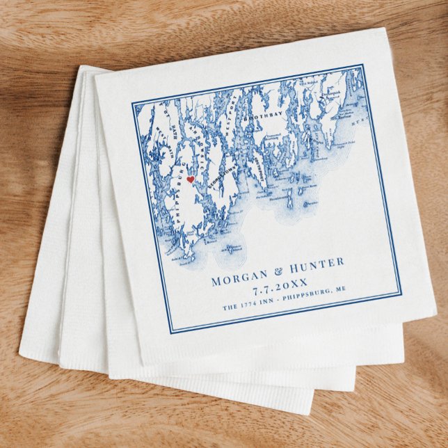 Phippsburg Maine Map Navy Elegant Wedding Napkins (These Phippsburg Maine wedding napkins are perfect for your coastal 1774 Inn destination wedding)