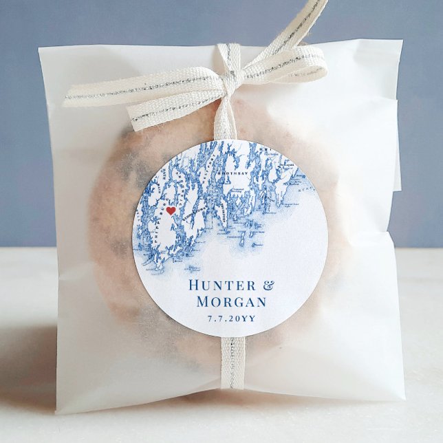 Phippsburg Maine Map Wedding Favor Classic Round Sticker (Phippsburg Maine Map wedding favor labels for your destination wedding at 1774 Inn)