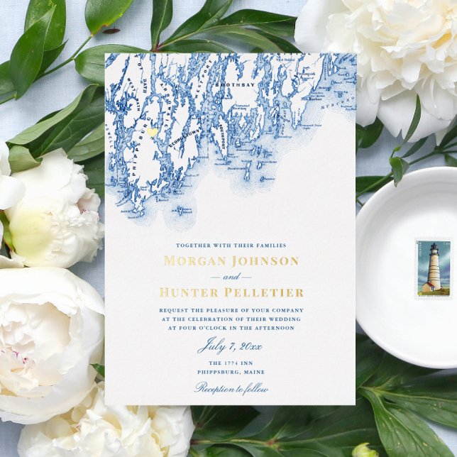 Phippsburg Maine Wedding Elegant Gold Foil Invitation (This 1774 Inn gold foil and navy blue Maine map invitation is perfect for your Phippsburg wedding)