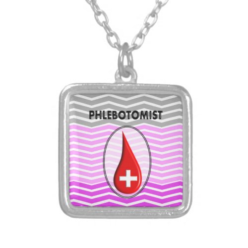 Phlebotomist Pink Chevron Blood Drop Silver Plated Necklace