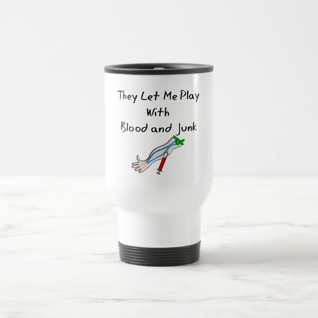 Phlebotomist T-Shirts and Gifts "Blood and Junk" Travel Mug (Center)