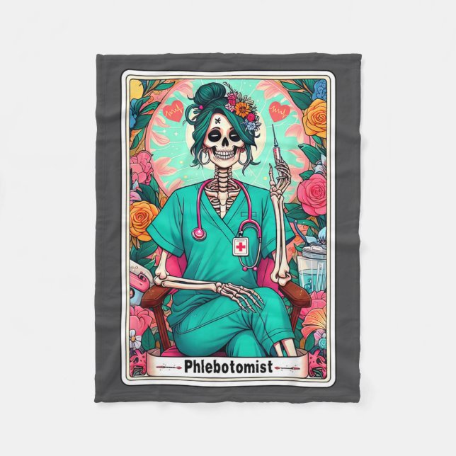 Phlebotomist Tarot Card Skeleton Phlebotomy Tech P Fleece Blanket (Front)