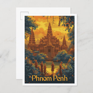 Phnom Penh Cambodia Vintage Travel Illustration Postcard