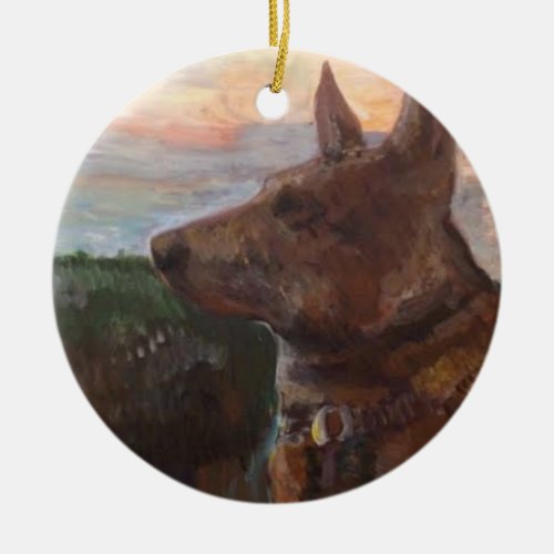Phoebe Dog in the Sunset painting on Ornament