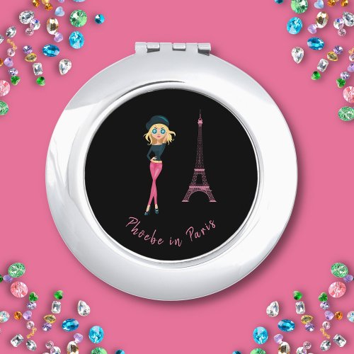 Phoebe in Paris Stylish Blonde Green Beret Glasses Compact Mirror