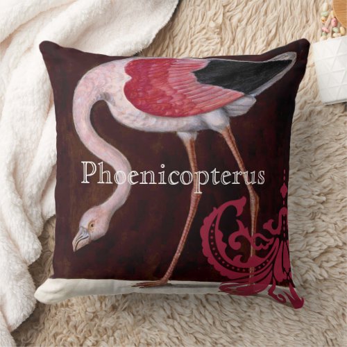 Phoenicopterus Vintage Flamingo Raspberry Damask Throw Pillow