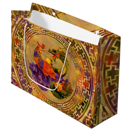 Phoenix and Dragon _ color and gold Large Gift Bag
