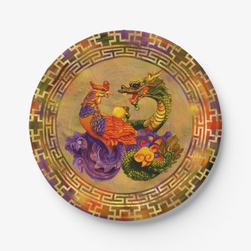 Phoenix and Dragon _ color and gold Paper Plates
