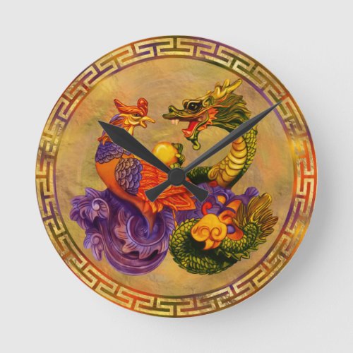 Phoenix and Dragon _ color and gold Round Clock