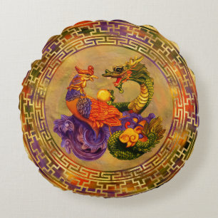 Phoenix and Dragon - color and gold Round Pillow