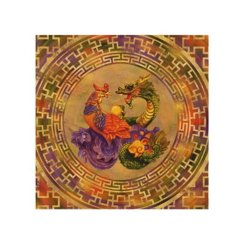 Phoenix and Dragon _ color and gold Wood Wall Art