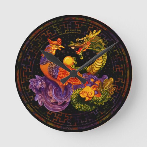 Phoenix and Dragon _ in color Round Clock