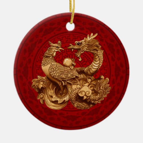 Phoenix and Dragon _ on red Ceramic Ornament