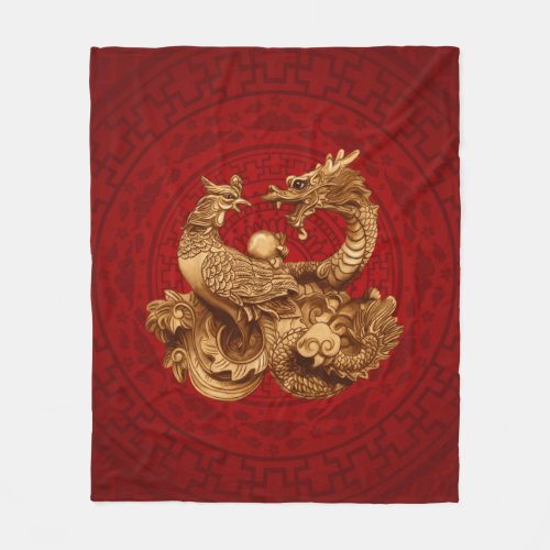 Phoenix and Dragon _ on red Fleece Blanket