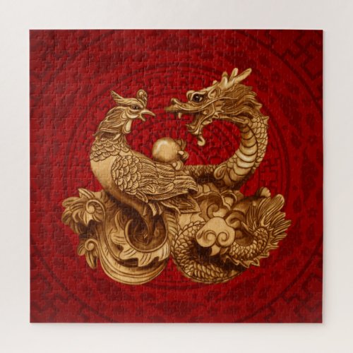 Phoenix and Dragon _ on red Jigsaw Puzzle