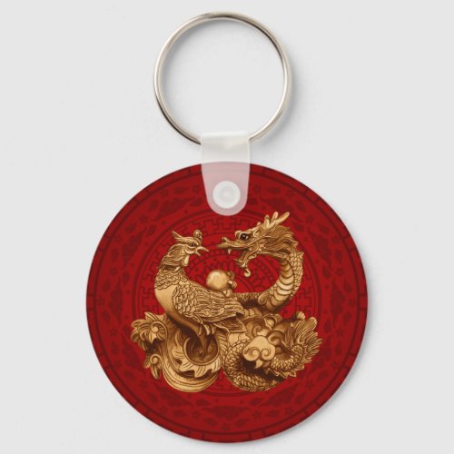 Phoenix and Dragon _ on red Keychain