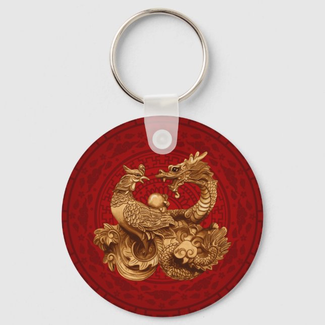 Phoenix and Dragon - on red Keychain (Front)