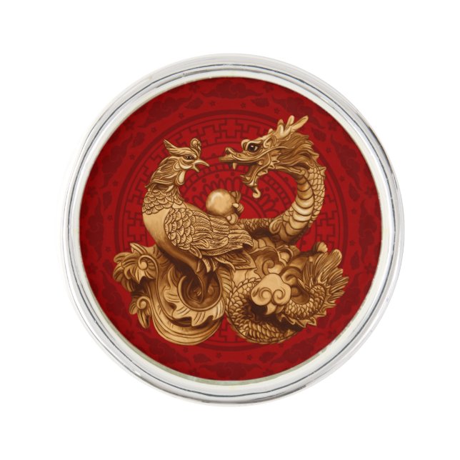 Phoenix and Dragon - on red Lapel Pin (Front)