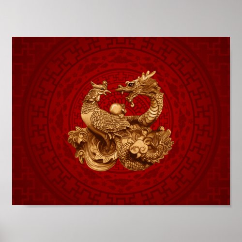 Phoenix and Dragon _ on red Poster