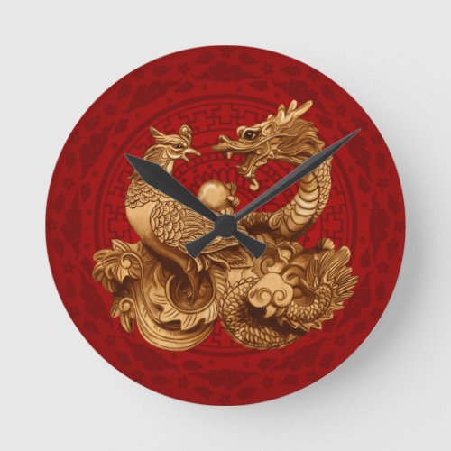 Phoenix and Dragon _ on red Round Clock